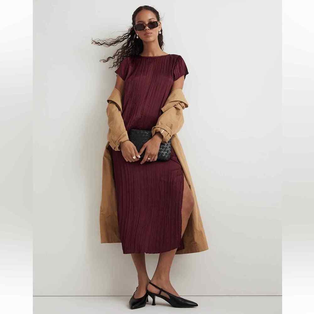 Madewell Womens Dress Small Red Mulberry Wine Plisse Slip Midi NO110